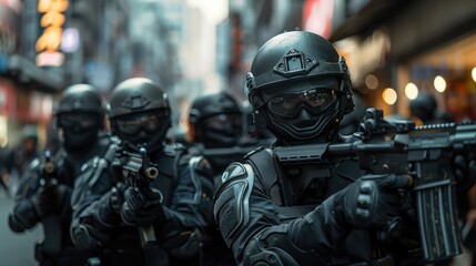 Fototapeta premium A group of fully armored soldiers with elite insignia marching in city street