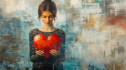 Emotional reflection of a young woman holding a heart artistic setting digital artwork intimate mood creative perspective love theme