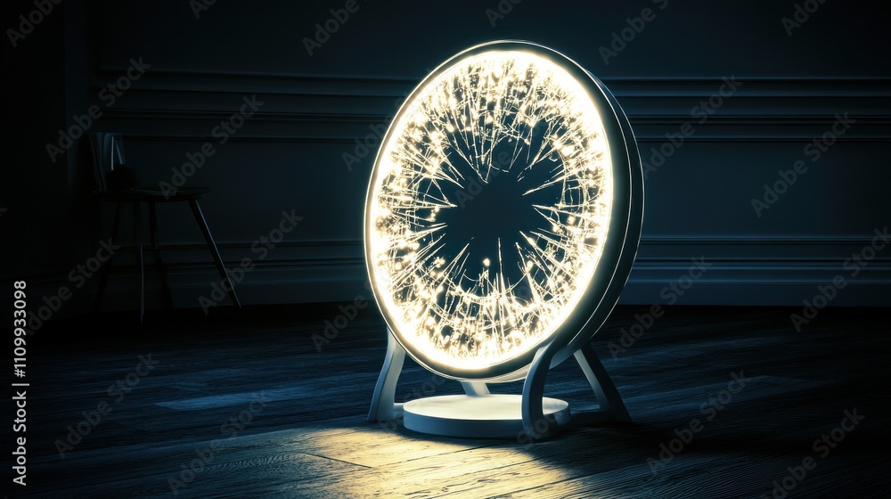 Poster a glowing circular light fixture illuminating a dark room with intricate patterns.