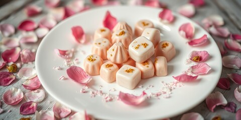Naklejka premium Gourmet Chocolates Decorated with Edible Gold Dust on a White Plate Surrounded by Delicate Pink Petals