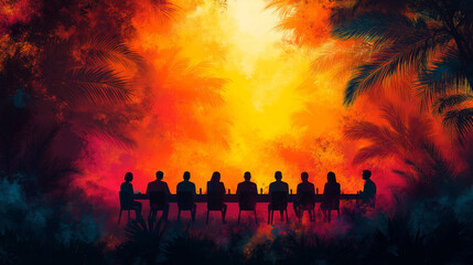 Fototapeta premium Vector illustration of silhouetted figures gather around a long table amidst vibrant tropical foliage, framed by a glowing sunset sky, symbolizing connection, collaboration, and serenity in nature.