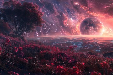 Fototapeta premium A Distant Planet with Red Flowers and a Starry Sky