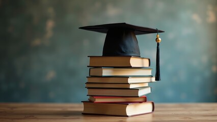 Stacked books with graduation cap and tassel on top