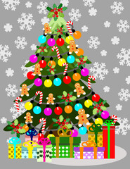 A decorated Christmas tree with variety of colorful ornaments and many gift boxes beneath