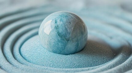 Stunning Aqua-Blue Sphere on Pale Blue Sand, Capturing the Essence of Serenity and Balance in a Close-Up Perspective. Perfect for Decorative and Design Themes.
