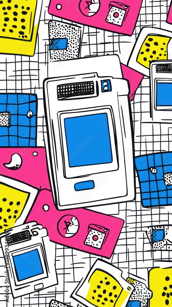 Poster a colorful collage of retro technology and playful graphics on a grid background.