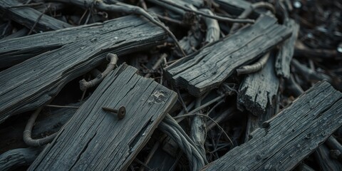 Fototapeta premium A pile of weathered, gray wood planks with a single rusty nail protruding from one