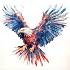 Obraz premium Majestic American Bald Eagle in Geometric Low Poly Style: A Patriotically Themed Artwork Featuring Vibrant Red, White, and Blue Feathers