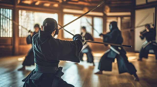Kendo Practitioner Practicing Swordsmanship With Others