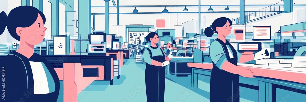 Poster workers in a modern industrial setting, engaged in tasks with a focus on productivity.