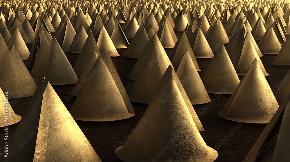 Poster a dense field of golden cone-shaped objects creating a surreal landscape.