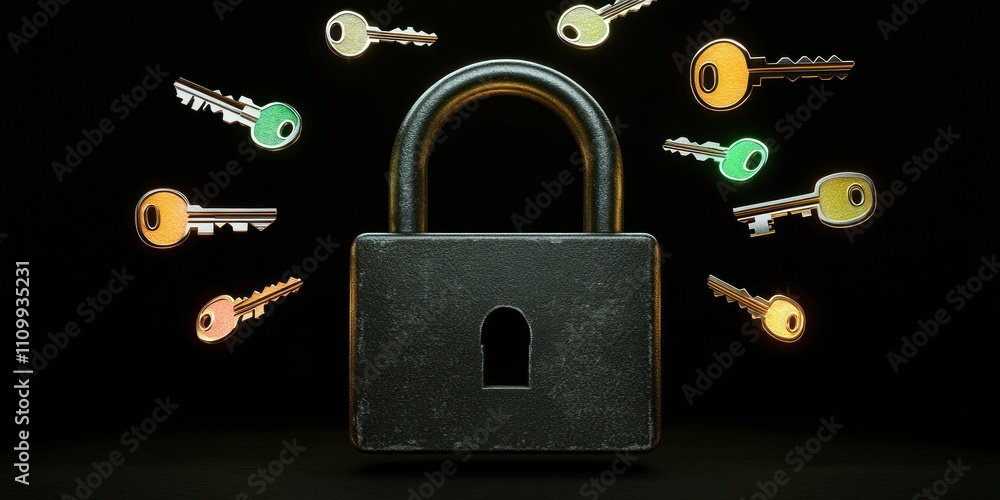Poster a padlock surrounded by colorful keys, symbolizing security and access.