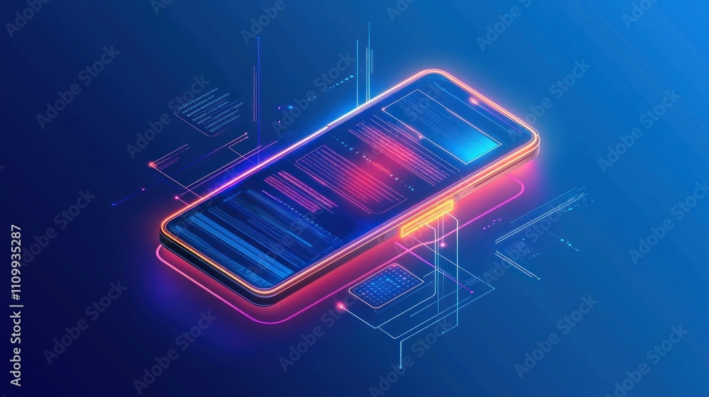 Poster a digital smartphone with glowing edges, displaying abstract data and technology visuals.