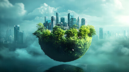 Floating green paradise urban nature integration conceptual art digital environment futuristic viewpoint sustainability theme