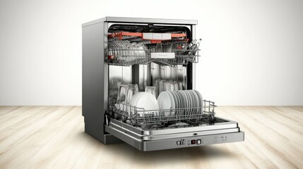 Modern Dishwasher with Open Door Displaying Clean Dishes and Plates