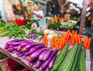 Vegetables on a market stall in Kula Lumpur, Malaysia -Blurre background