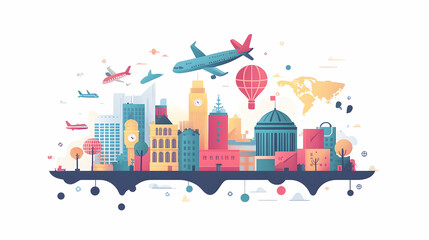 Obraz premium Urban travel adventure exploring iconic landmarks city skyline digital art vibrant environment aerial view travel and culture