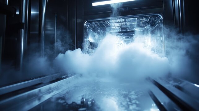Steam Rising from Open Door of Modern Industrial Dishwasher
