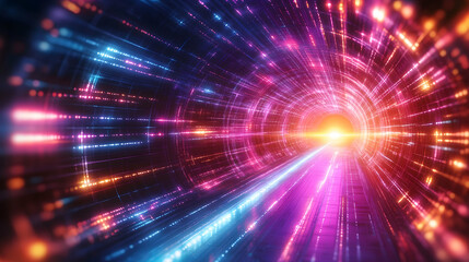 Obraz premium Dynamic light tunnel experience virtual reality realm digital artwork futuristic environment abstract viewpoint technology concept