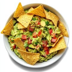 A bowl of spicy guacamole with tortilla chips, isolated white background, cubist art style