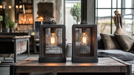 Vintage Style Lanterns with Warm Light in Modern Interior Setting