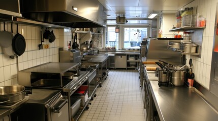 Modern Professional Kitchen with Stainless Steel Appliances and Equipment