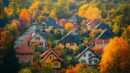 Naklejka premium Autumn homes in a colorful neighborhood scenic viewpoint residential area nature's beauty family living