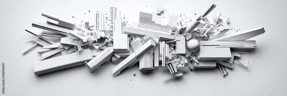 Poster abstract composition of geometric shapes and structures in a monochromatic palette.
