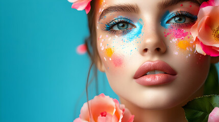 Obraz premium Vibrant beauty portrait studio setting photography colorful background close-up artistic expression