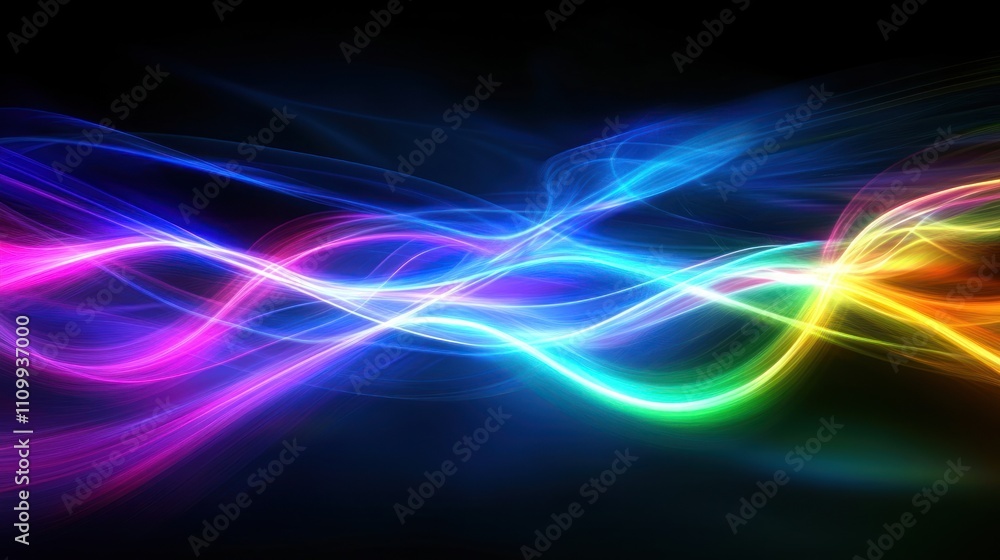 Poster abstract colorful waves of light on a dark background, creating a vibrant visual effect.