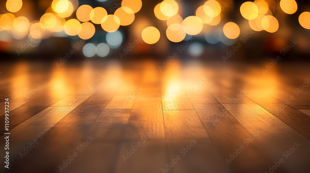 Poster soft glowing bokeh lights reflecting on polished wooden floor creating a warm and inviting atmospher