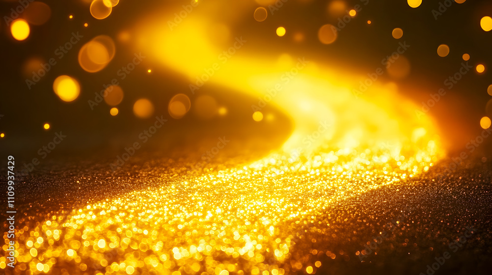 Poster a glimmering path of golden light with sparkling bokeh effects on a dark background, creating a drea