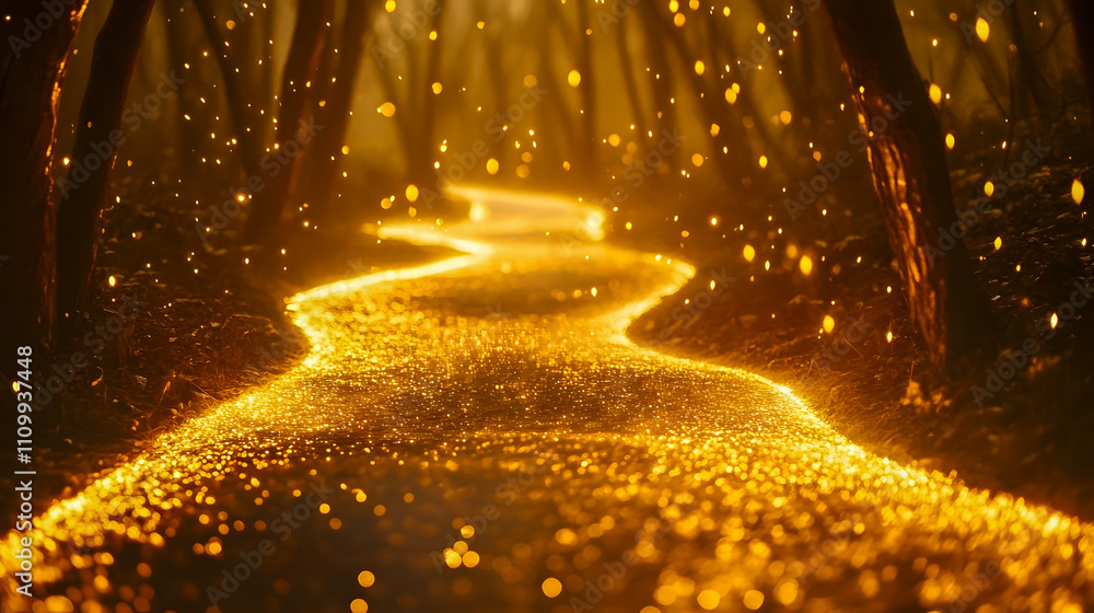 Poster enchanting golden path illuminated by glowing particles in a magical forest, evoking a sense of wond