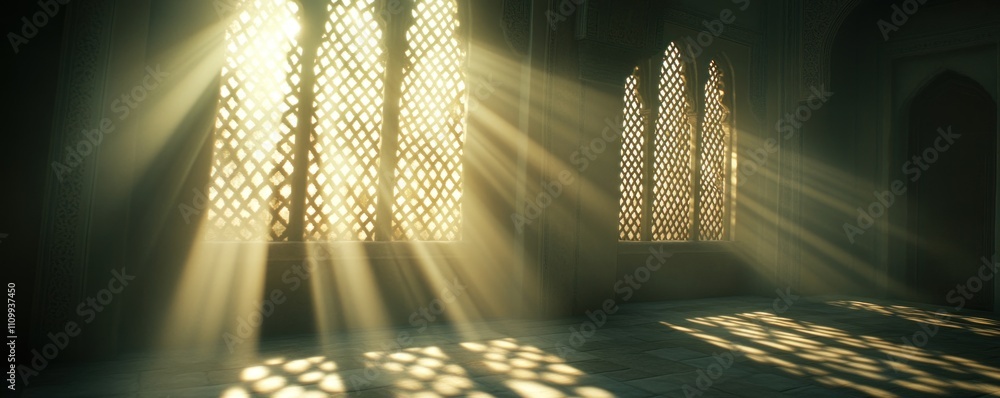 Poster sunlight streams through intricately patterned windows, creating a serene atmosphere.