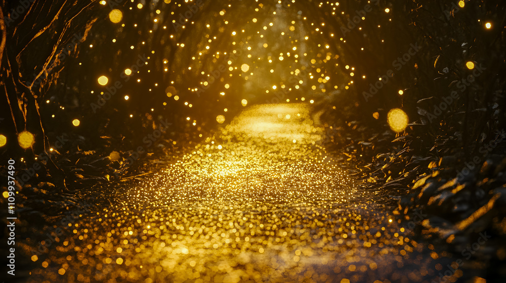 Aufkleber enchanted forest pathway with golden light and sparkling particles at dusk creating a magical and dr
