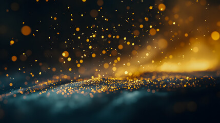Glowing Particles Floating Above a Dreamlike Surface in a Warm Golden Light Against a Dark Background, Capturing a Magical Atmosphere of Wonder