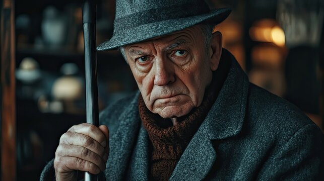 Elderly Man With Hat Holding a Cane - Powered by Adobe
