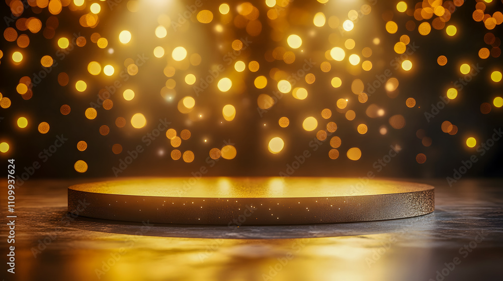 Poster elegant golden stage backdrop with warm bokeh lights creating a festive and celebratory atmosphere f