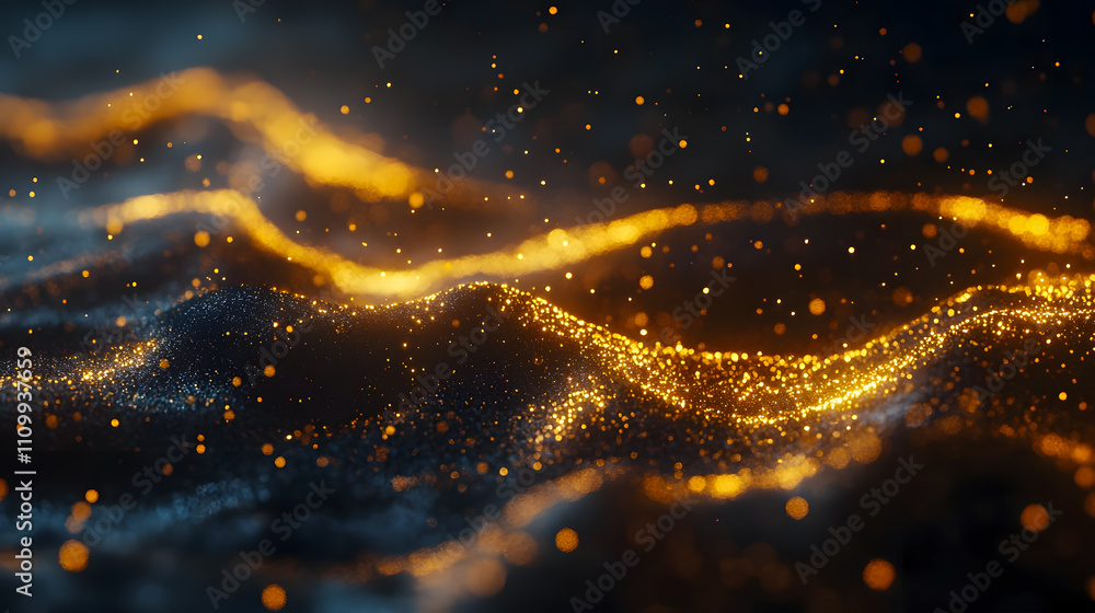 Poster shimmering waves of golden dust with soft glowing particles captured in a dreamlike abstract setting