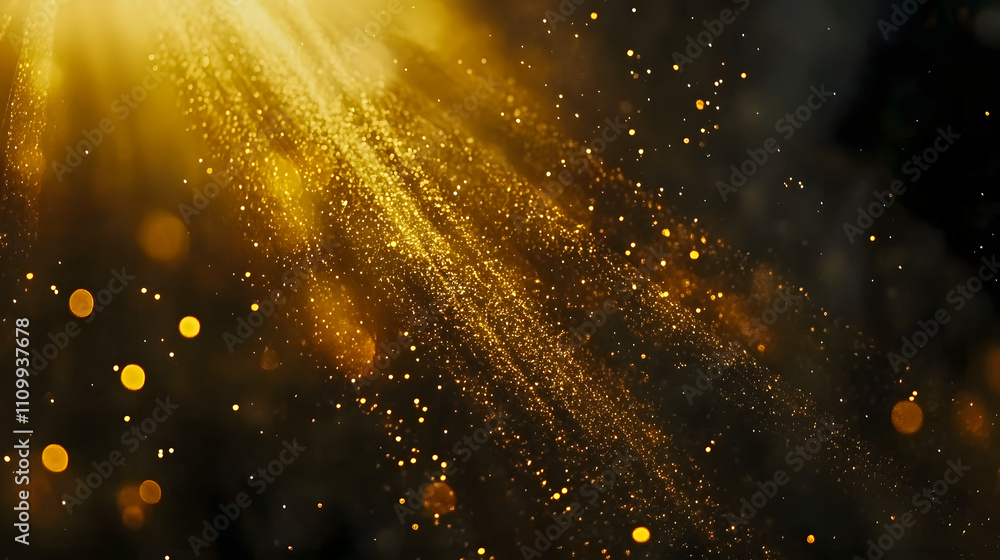Poster golden dust particles with light rays creating a magical and ethereal atmosphere in a dark backgroun