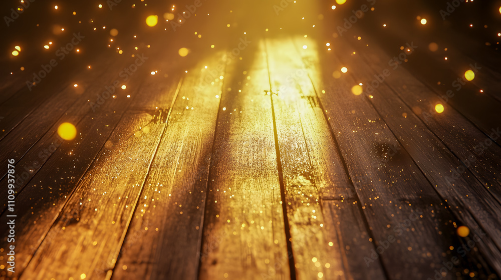 Poster soft golden light shining through a wooden floor creating an enchanting atmosphere with sparkling du