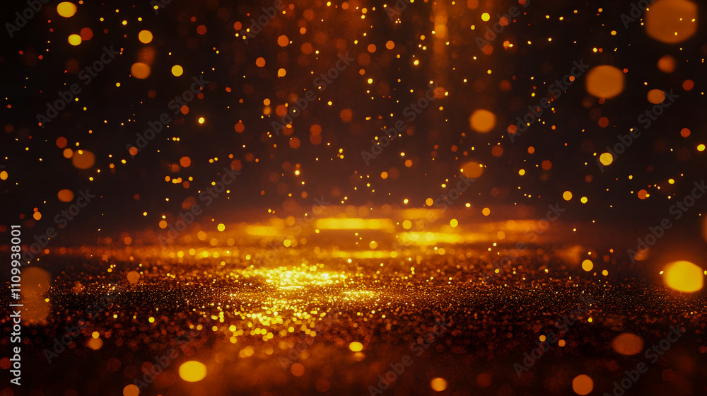 Poster glowing orange particles falling in dark space, illuminating glittering surface creating magical atm
