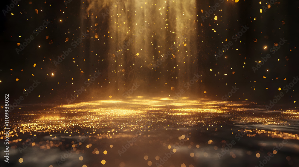 Poster ethereal golden dust particles in soft light with gentle haze creating a magical atmosphere in a dim