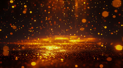 Fototapeta premium Glowing Orange Particles Falling in Dark Space, Illuminating Glittering Surface Creating Magical Atmosphere in Artistic Background