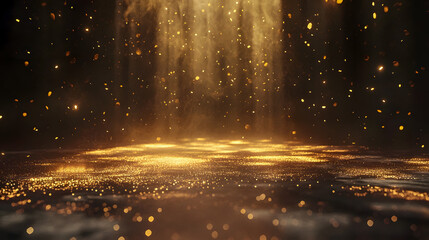 Ethereal Golden Dust Particles in Soft Light with Gentle Haze Creating a Magical Atmosphere in a Dimly Lit Environment