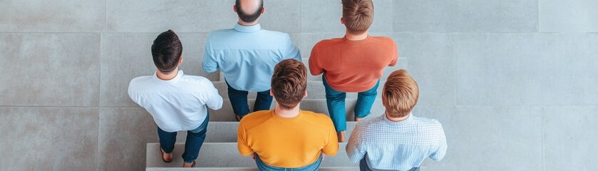 Obraz premium A group of diverse individuals standing together on stairs, highlighting unity and collaboration in a modern setting.