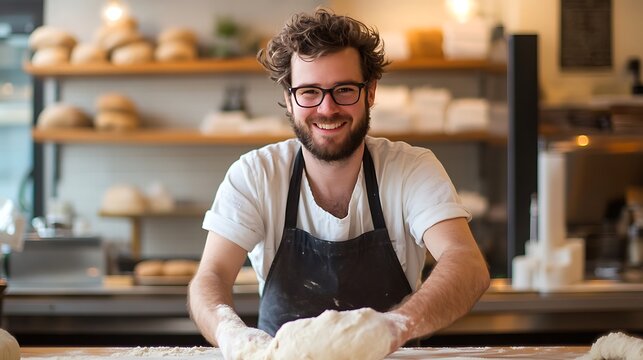 Happy Baker Kneading Dough In His Bakery
