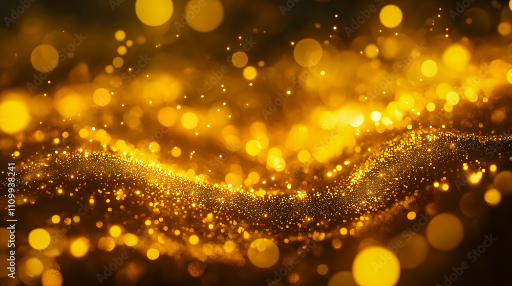 Poster shimmering golden particles in soft waves with glowing bokeh effect on abstract background for creat