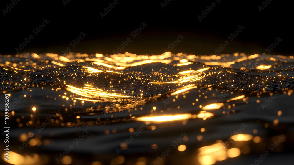 Poster glimmering surface of water with golden reflection and soft waves in dark background for abstract an