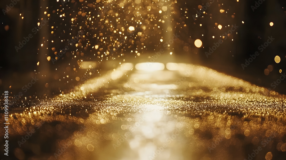 Poster glimmering golden bokeh in soft light with shimmering particles creating a magical atmosphere on wet